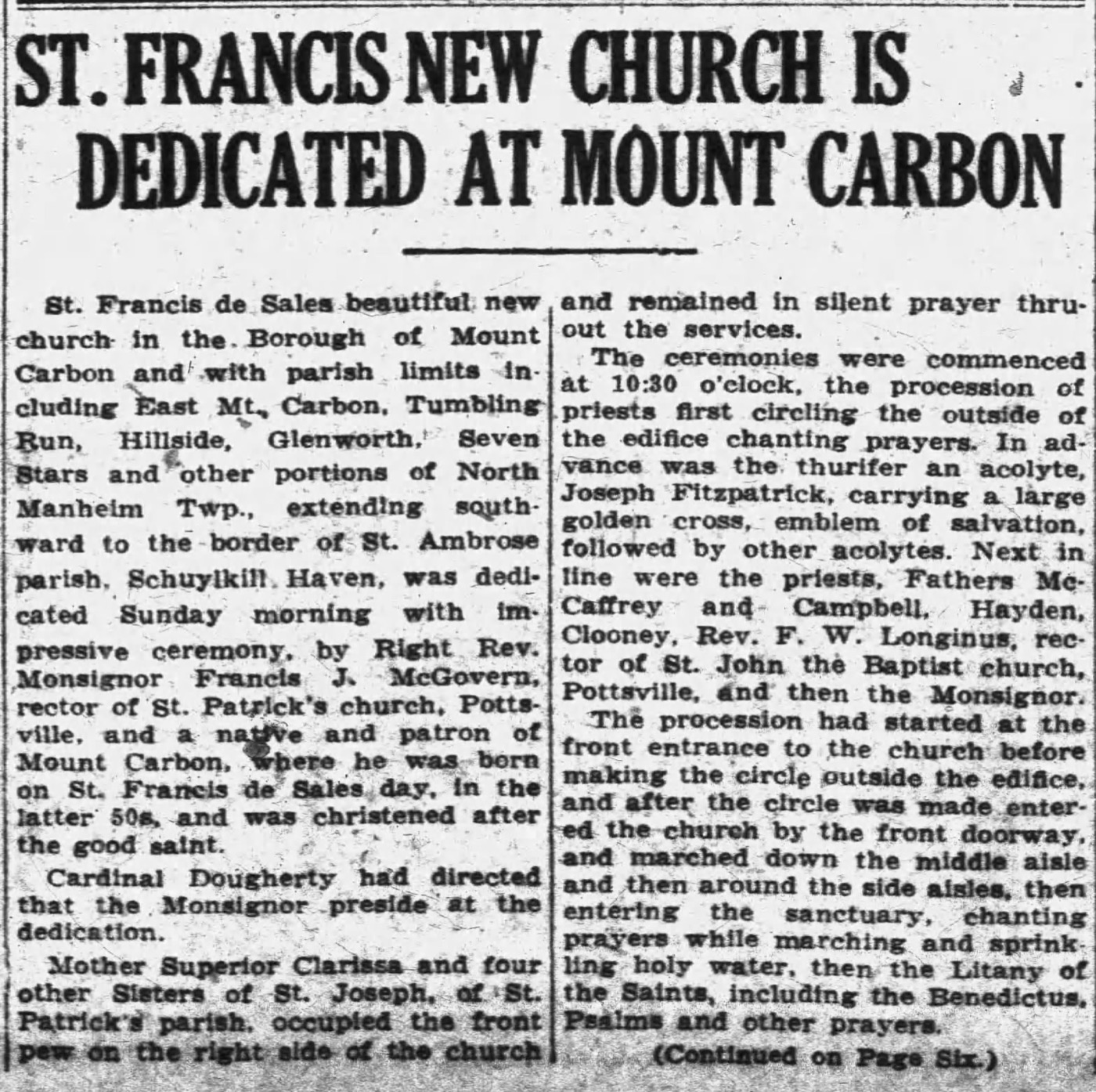 1922 newspaper clipping reporting the dedication of the church